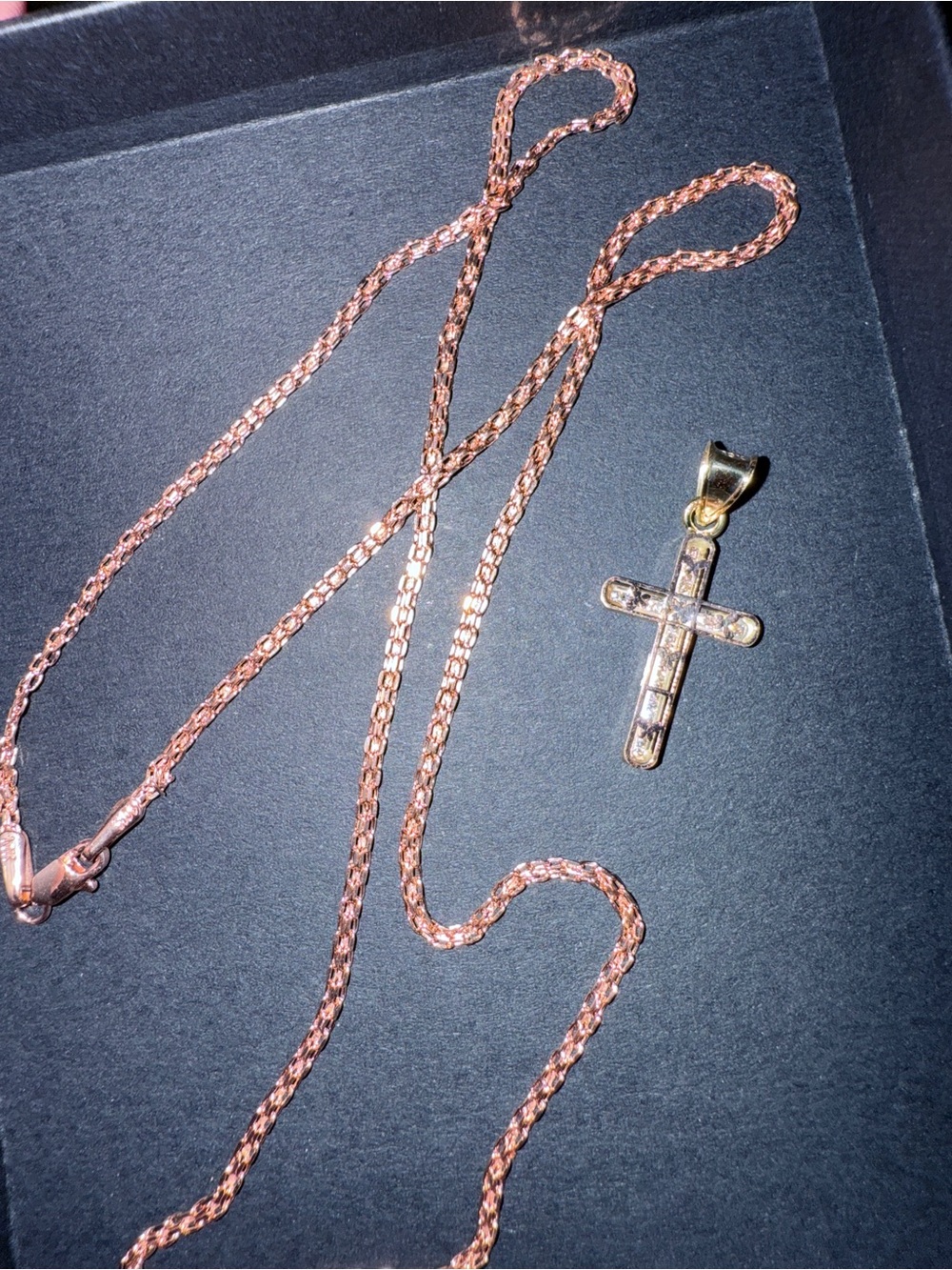 10k Solid Rose Gold Bismarck Chain Necklace with 10k Solid Gold Cross Pendant